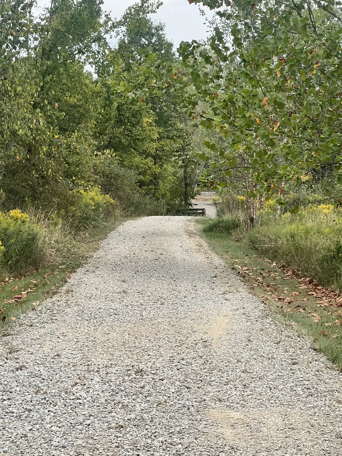 Long gravel driveway leading to a rural Union County, Ohio home surrounded by farmland