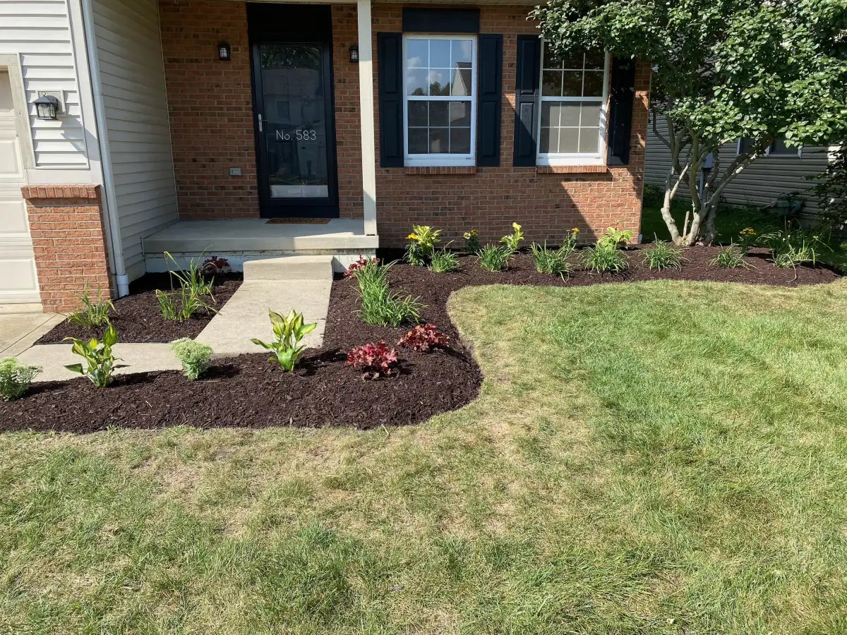 Lush perennial garden and ornamental grass planting at a home in Marysville, Ohio