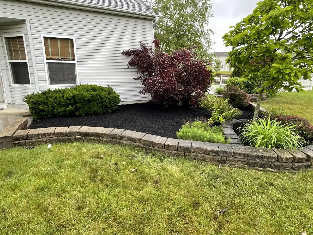 Raileys Services crew installing a new landscape design with shrubs, mulch, and edging at a Marysville home