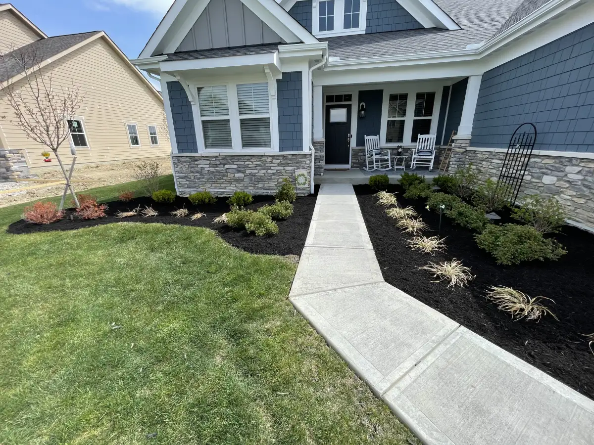 Landscape bed maintenance with pruned shrubs and defined edges at a Central Ohio property